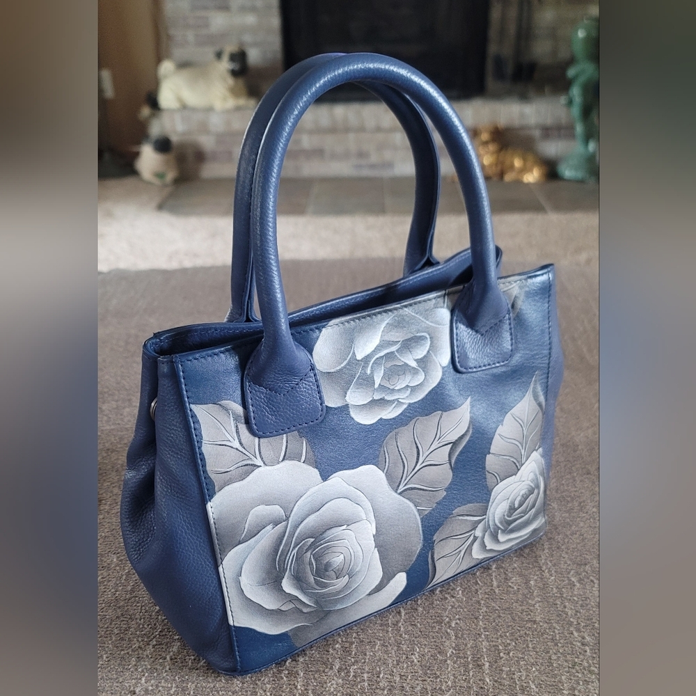 Anuschka Blue Shoulder Bag with Elegant Brass Details